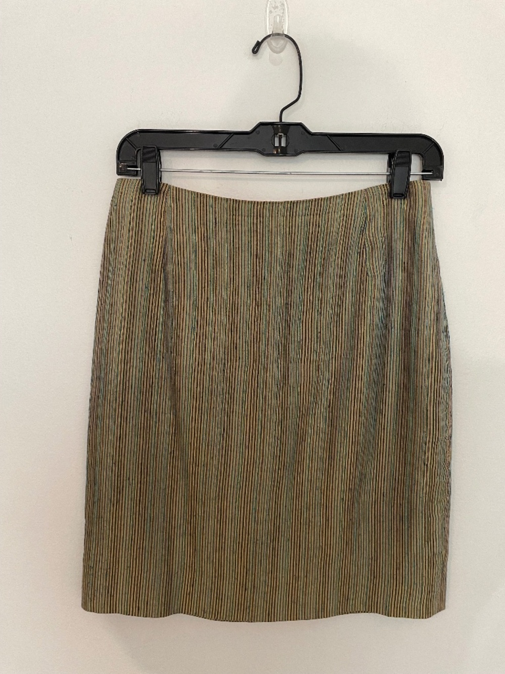 Vntg 90s KORS Michael Kors Mini Pencil Skirt Size 6, Gold Green Stripe, USA Made